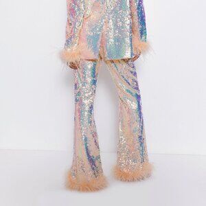 Premium Sequin Feather Trim Flare Pants disco boho party